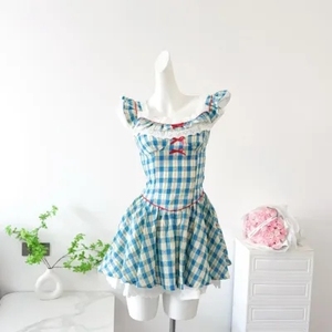 Vestido de Verano Estilo Francés Retro a Cuadros Azules con Mangas Cortas y un Toque de Elegancia, Vestido con Volumen - Product Image 5