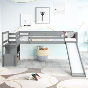 <b>Solid</b> <b>Wood</b> Twin Over Twin Low <b>Bunk</b> <b>Bed</b> with Slide and Ladder Guardrail for Kids-for Hotel Living Room or Bedroom - Product Image 5