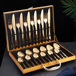 Vaisselle de luxe en or et argent, vaisselle en acier inoxydable, cuillères, fourchettes, couteaux avec boîtes en bois, hôtel, mariages - Product Image 1