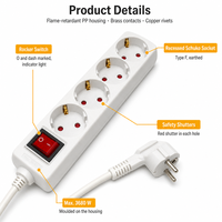 Multiprise allemande Schuko 4 voies 16A 250V avec broches en laiton, en PP ignifuge, avec câble de 10m/5m