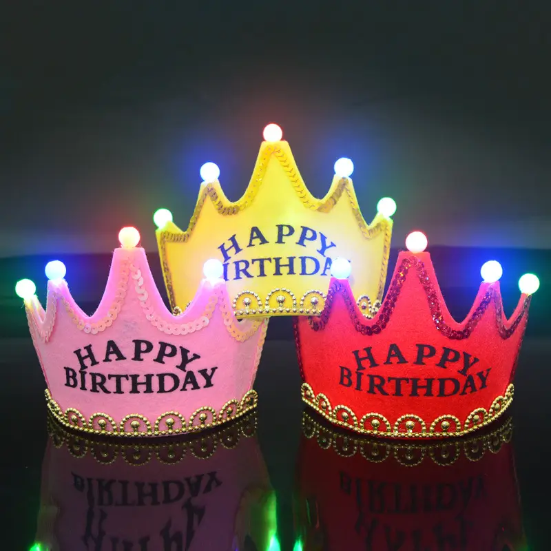 Corona de princesa para decoración de fiesta de cumpleaños para niños y adultos, diadema de corona de fieltro no tejida con luz led parpadeante