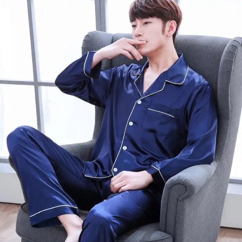 Satin Solid Pyjamas Men Sleepwear Elastic Pajama Sets Design Pajamas For Men