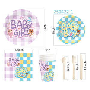 Juego de vajilla desechable para fiesta de revelación de género de bebé DAMAI, platos de papel con diseño a cuadros para suministros de baby shower, para 8 personas. - Product Image 6