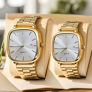 Montres de luxe en quartz pour couples, bracelet en acier inoxydable, cadran bleu, boîtier rond-carré de 40 mm. - Product Image 3