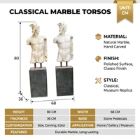 Buste sculpté à la main en marbre blanc BSA, statue antique du dieu grec Mercure à bras cassé, sculpture de torse en marbre pour musée et villa