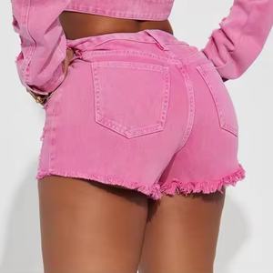 Ensemble en jean pour femme de haute qualité, sexy, avec crop top asymétrique et mini-short en jean délavé rose acid wash - Product Image 6