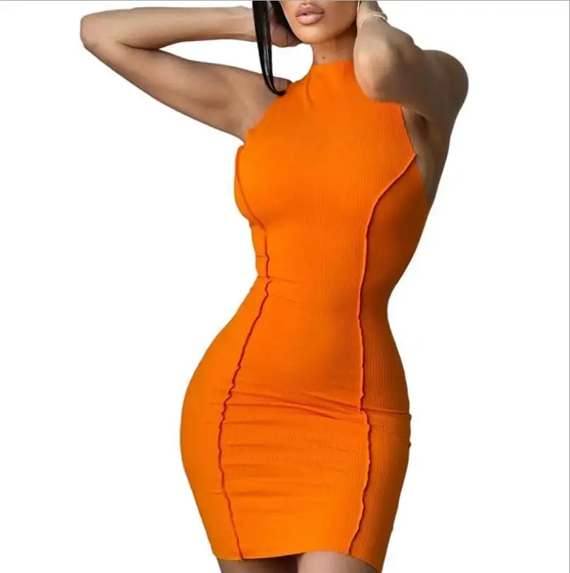 Sleeveless Casual Fashion Mini Dresses Skinny Summer O-neck Women Bodycon Neon Orange Dress Streetwear Vestidos Robes