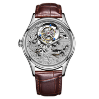 Montre automatique squelette de luxe pour homme avec mouvement tourbillon véritable, bracelet en cuir, montre-bracelet mécanique argentée