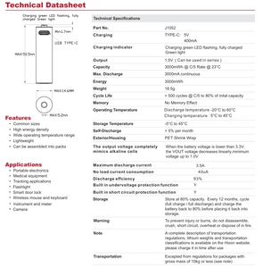Hixon đôi một 1.5V USB sạc AA pin gói loại C Pin <span class=keywords><strong>Lithium</strong></span> với cáp USB-C - Product Image 6