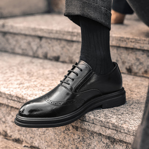 Men's <b>Elevator</b> Brogue Leather Shoes Business Formal Shoes 6cm Heightening Shoes Four Seasons Bright Surface Men's Shoes - Product Image 5