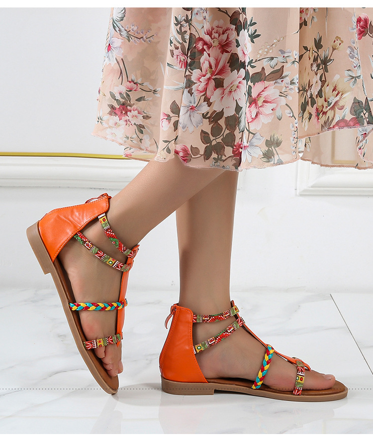Bohemian Dazzling Patchwork Roman Sandals Women's Large Size Flat Ladies Shoes and Sandals