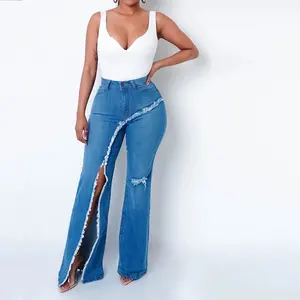 2024 printemps et automne tempérament banlieue mode sexy fente stretch jean déchiré pantalon évasé jean pantalon pour femmes