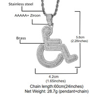 Collier Pendentif Symbole Fauteuil Roulant Iced Out en Laiton CZ Doré Argenté avec Chaîne Corde, Bijoux Hip Hop pour Hommes Femmes, Cadeau
