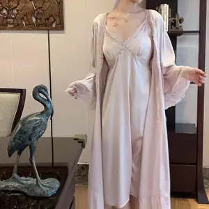 奢华两件套长睡袍套装丝缎性感睡衣两件套冰丝女式睡衣
