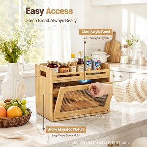 Boîte de rangement pour pain en bambou avec plateau à fruits et porte en verre pour comptoir de cuisine - Product Image 4