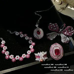 DEYIN 2024 fille VintageTassel chaîne en argent asymétrique rose Zircon Bracelet collier boucles d'oreilles ensembles de bijoux