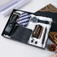 Fancy & Yc M2901 Set Hadiah Jam Tangan Quartz Pria Mewah untuk Bisnis, dengan Kotak Logam, Dompet, dan Sabuk, untuk Natal, Thanksgiving, Ulang Tahun