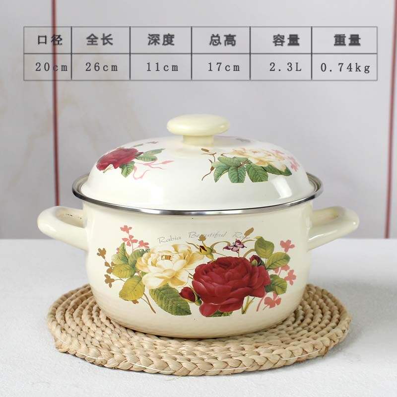 Vasque émaillée à motif rose, 20 cm, avec double poignée.