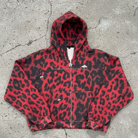 Sudadera con capucha y cremallera para hombre con estampado de leopardo rojo, estilo urbano oversize, patrón animal, ropa personalizada, proveedor mayorista de marca privada