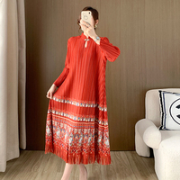 Robe midi plissée unie rouge festive, écologique, lavable, respirante, tissée, à manches longues, pour femme, avec taille naturelle et ceintures élégantes