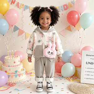 Completo Casual Autunno Inverno per Ragazze: Giacca con Cappuccio e Zip con Stampa Coniglio e Pantaloni in Maglia Felpati con Polsini in <span class=keywords><strong>Pile</strong></span> - Product Image 1