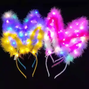 Hot Selling Cute Colorful Luminous LED Glowing Glitter Feather Rabbit Ear Hair band For Party Supplies