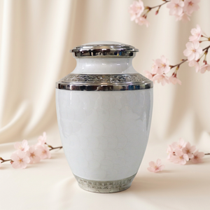 Premium Luxury White Cremation Urn with Silver Trim Petal Pattern Adult <b>Ashes</b> Storage Aluminum Container - Product Image 1