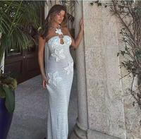 Robe longue maxi en tricot unie, style empire, sexy et décontractée, pour femme mature, élégante, à col halter, pour la plage, en crochet, collection été