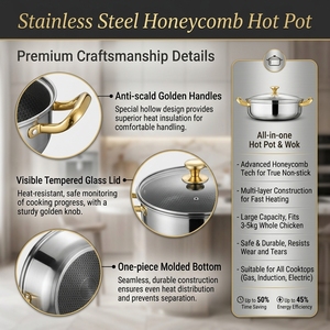 FLEY OEM ODM 304 roestvrijstalen hotpot met volledige honingraat antiaanbaklaag, gouden handvat voor inductie- en gasfornuizen - Product Image 3