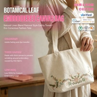 Sac fourre-tout en toile brodé de feuilles botaniques, style pastoral naturel, tons terreux, mode éco-responsable