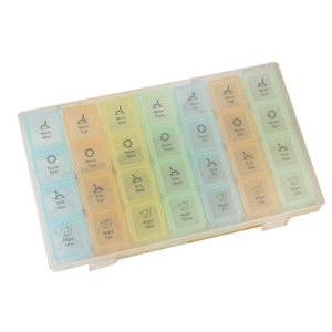 Colorful portable large capacity pill box with 28 compartments, 7 days per week pill box