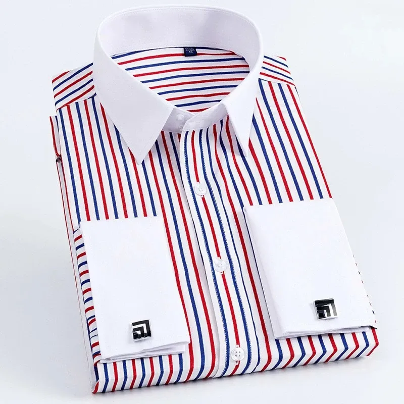 Newest White Collar Custom French Cuffs Office Men Shirts Gentle Design Regular Fit Striped Men Dress Shirts