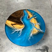 Table basse artisanale en noyer et résine époxy, motif île océanique, vague bleue et mousse blanche, pour salon