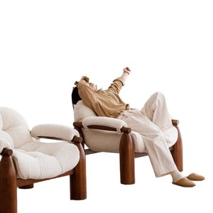 Fauteuil capitonné en bois massif, style vintage, chaise de salon, design minimaliste en tissu - Product Image 5