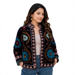 Suzani Embroidered Knitted Velvet <b>Fabric</b> <b>Medium</b> Weight 150D Yarn for Girls' Jackets - Product Image 3