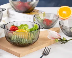3pcs Vertical Grain Glass Set Without Lid Double Ear Glass Pot Household Dessert Salad Bowl Set