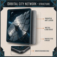 Tarjetas Coleccionables de Metal Personalizadas, Diseño Orbital City Network, Impresión HD en Acero Inoxidable, para Coleccionistas de TCG y Regalo de Ciencia Ficción
