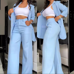 Setelan bisnis wanita, Blazer dua potong kerah V pola Solid kain rajut kantor panjang gaya wanita kancing pas badan reguler - Product Image 3