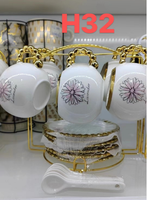 Ensemble de tasses et soucoupes en céramique avec porte-tasses pour cappuccino, café, thé noir, thé vert, thé blanc - Design élégant avec or