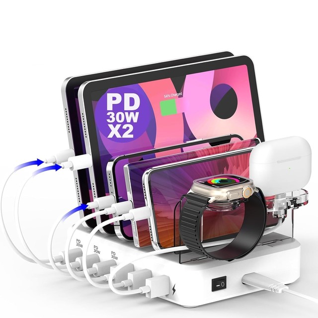 110W 6-port USB Charger PD Charging Station Fast Charging for Mobile Phones and Tablets - Desktop Charging Station