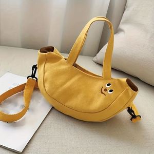 Sac à bandoulière pour fille style japonais - Nouveau sac en toile brodé motif banane et fruits, sac bandoulière type dumpling - Product Image 1