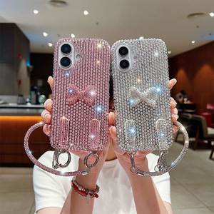 Nouvelle <span class=keywords><strong>Coque</strong></span> de Téléphone de Luxe Blanche et Rose Entièrement Ornée de Strass en Forme de Nœud pour <span class=keywords><strong>iPhone</strong></span> 17 16 15 14 13 Pro Max avec Chaîne Assortie - Product Image 1
