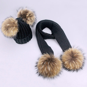 Wholesale Winter <strong>Women</strong> Kids' Genuine Raccoon Fur Ball <strong>Hat</strong> <strong>Scarf</strong> <strong>Set</strong> Knitted Plain Style Cartoon Pattern Real Fur <strong>Hats</strong> <strong>Scarf</strong> <strong>S</strong> - Product Image 3
