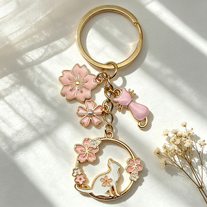 White Cat and Tulip Wreath Enamel Keychain with Pearl Bead Gold Tone Cat <b>Key</b> Ring for Cat Lovers Gift - Product Image 1