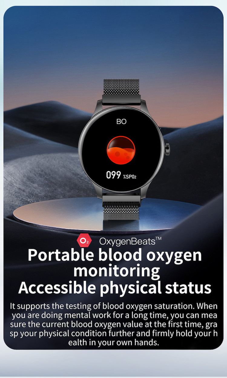 ce rohs最新智能手表血氧心率睡眠监测器运动健身手环带ip67防水圆形