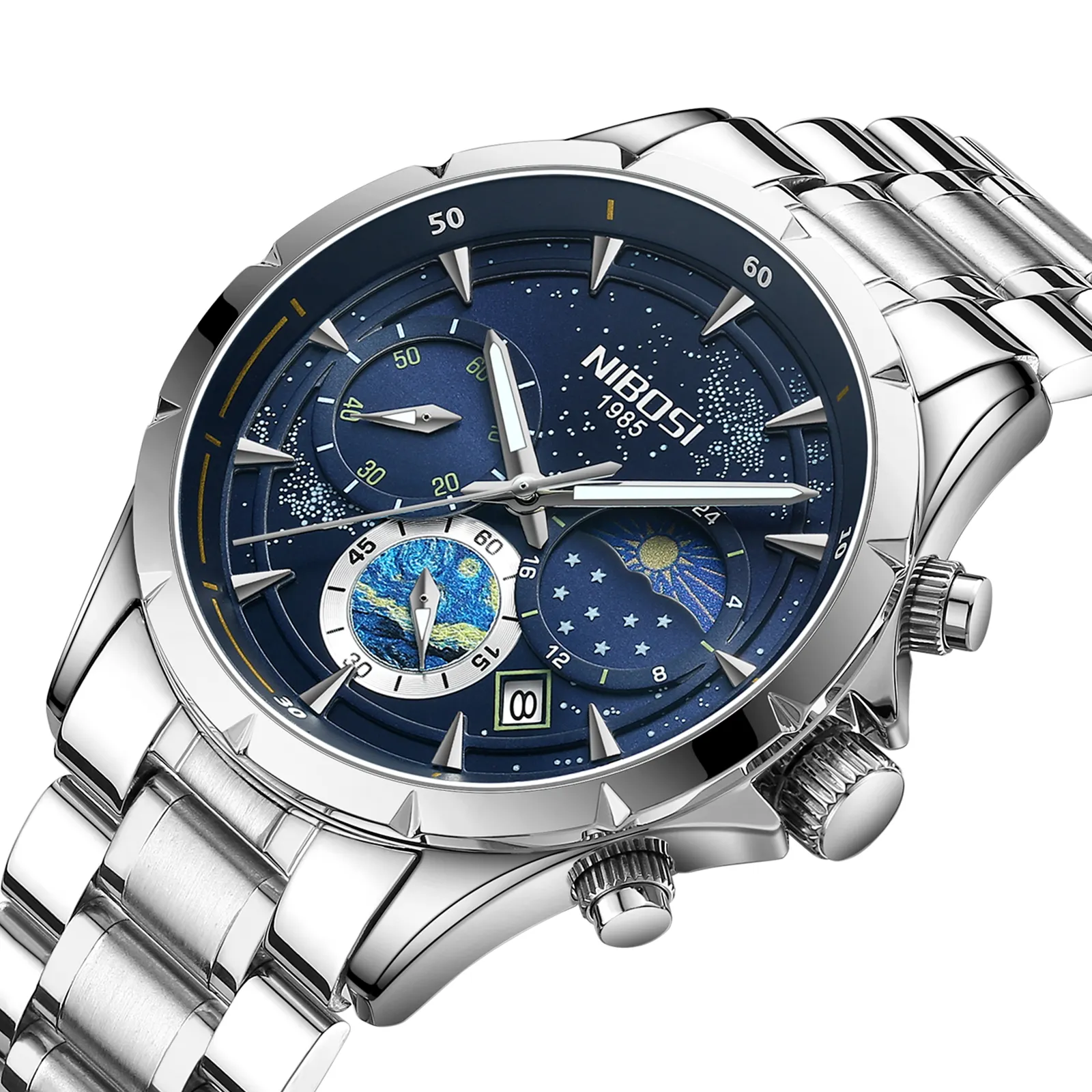 นาฬิกาควอตซ์2602ของผู้ชาย nibosi ดีไซน์จักรวาลอันยิ่งใหญ่สายสแตนเลสนาฬิกาข้อมือสำหรับผู้ชาย