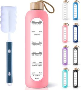 Bouteille d'eau en verre borosilicate écologique de 1000 ml sans BPA, anti-fuite, avec couvercle en bambou, manchon en silicone, marqueur de temps, logo personnalisé, couleur au choix - Product Image 4