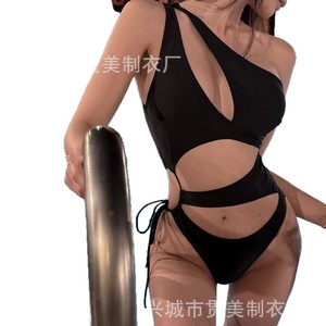 Maillot de bain une pièce de couleur unie pour femmes, noir, en spandex, à une épaule, sexy, pour les vacances, MLXL - Product Image 5