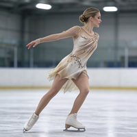 Robe de patinage et de danse dégradé beige et blanc, manches longues en maille, strass et feuilles d'or pour enfants et adultes, compétition et performance