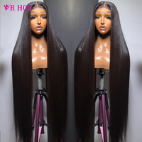 Perruques de cheveux humains vierges bruts lisses de 38-40 pouces avec cuticules alignées pour femmes noires, perruques frontales HD 13x4 13x6 en dentelle complète sans colle